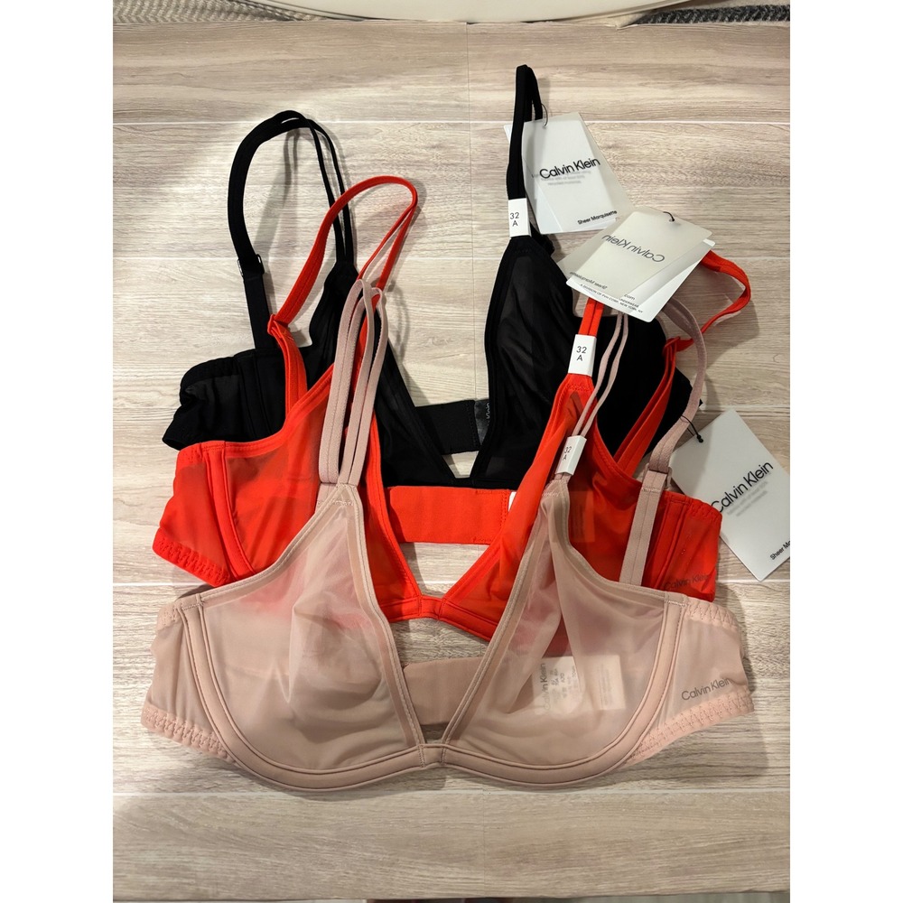 Calvin Klein Bra Women 32A Multicolor Sheer Marquisette Unlined Plunge Lot of 3